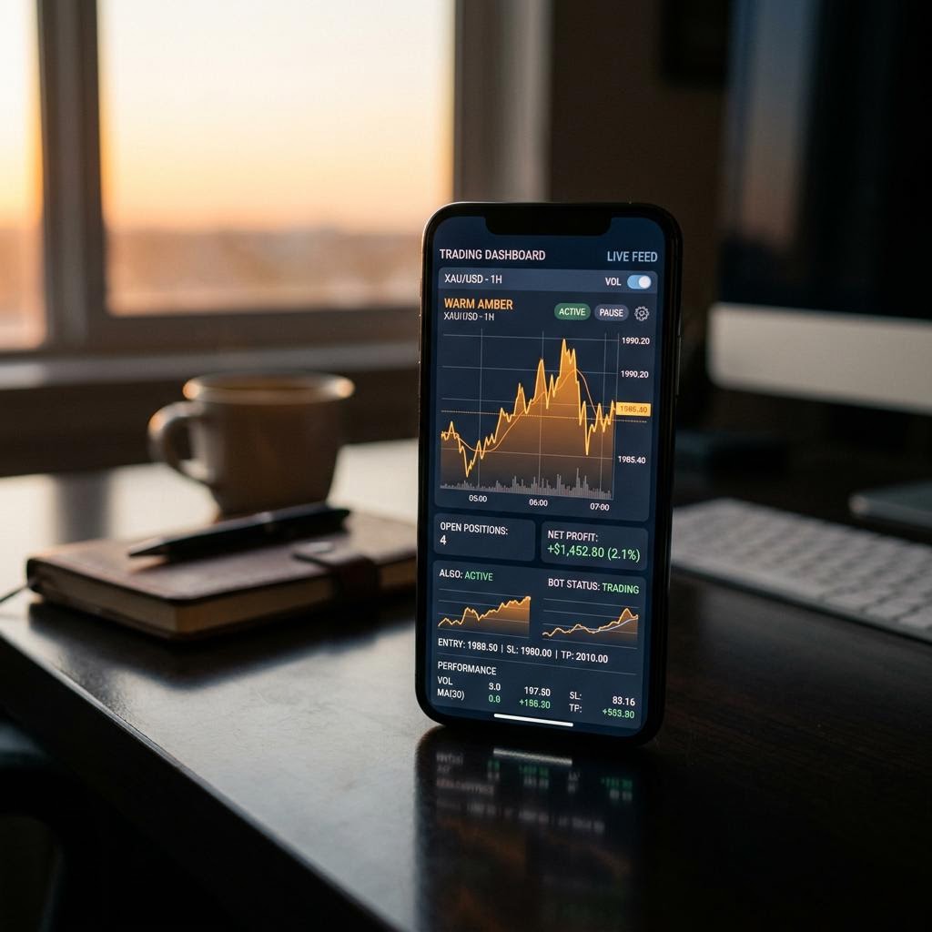 Tableau de bord de la plateforme de trading crypto IA Orvyqelle Thandrimos sur smartphone
